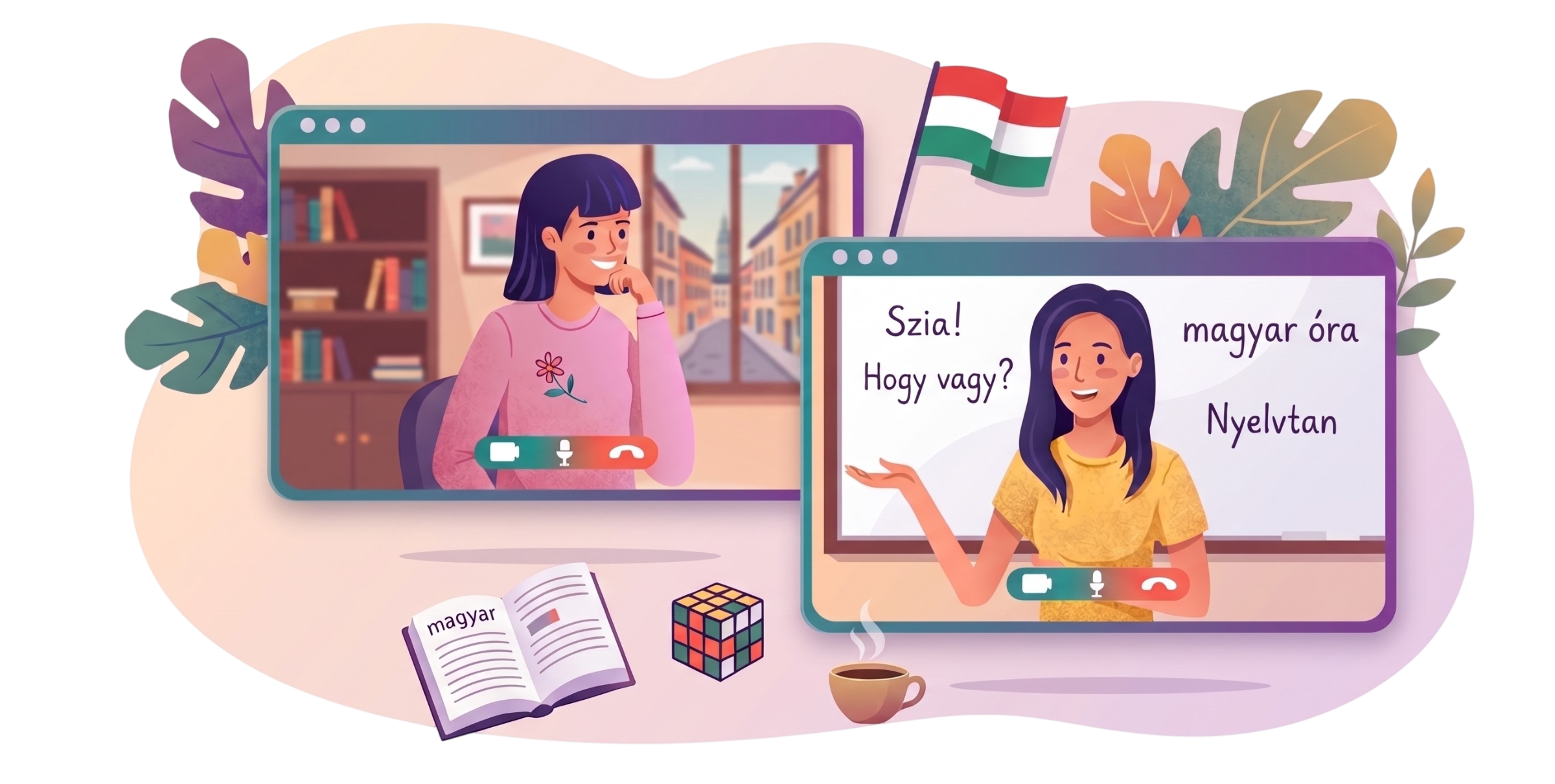 Illustration of a Hungarian lesson taking place over a video call